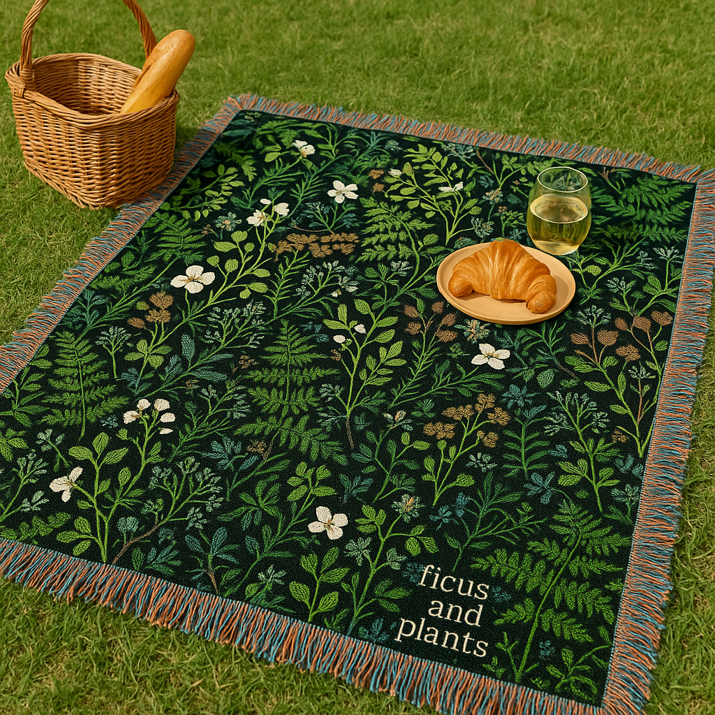 Fern Leaves Woven Blanket. Plant Leaves With green foliage and evergreen plants blanket. Forest deco. Botanical blanket