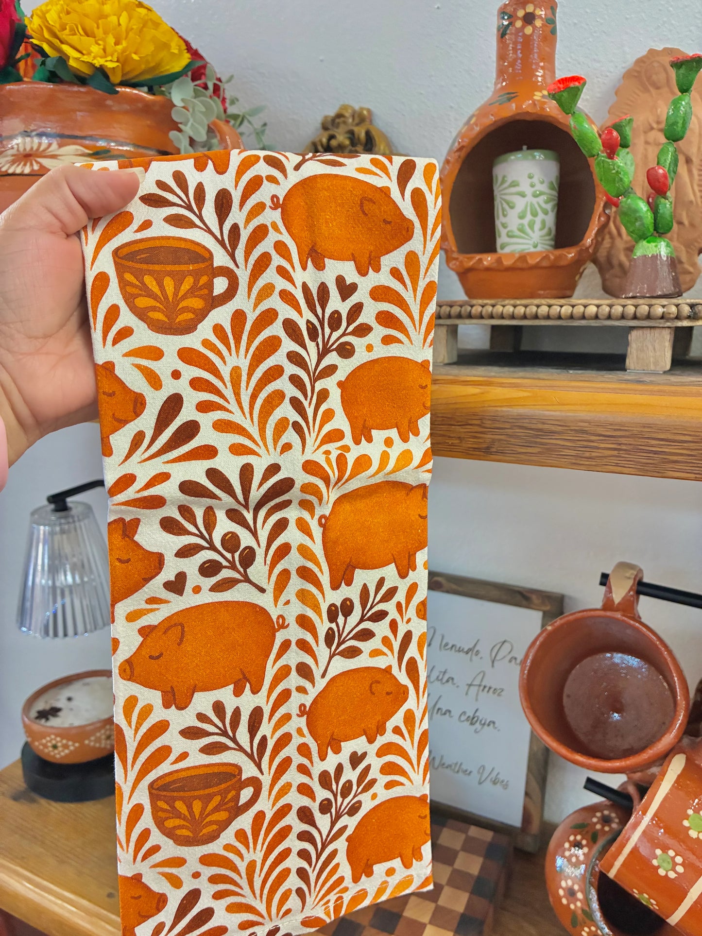 Mexican Marranito kitchenTowels – Set of 2 Cotton puerquitos Towels with Talavera-Inspired Design
