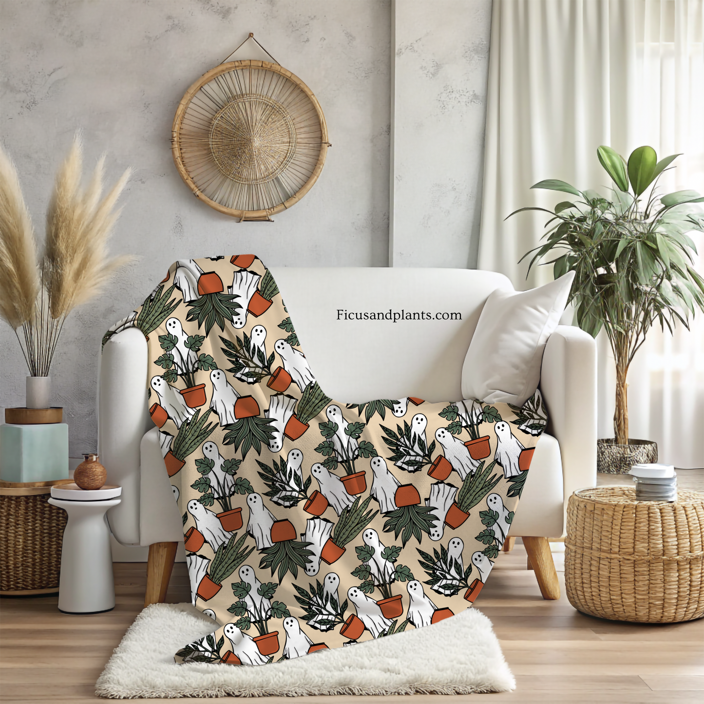 Ghost blanket for plant lovers. Ghosts and Potted Plants Flannel soft Blanket, 80x60” - Halloween Design, Double Sided Print
