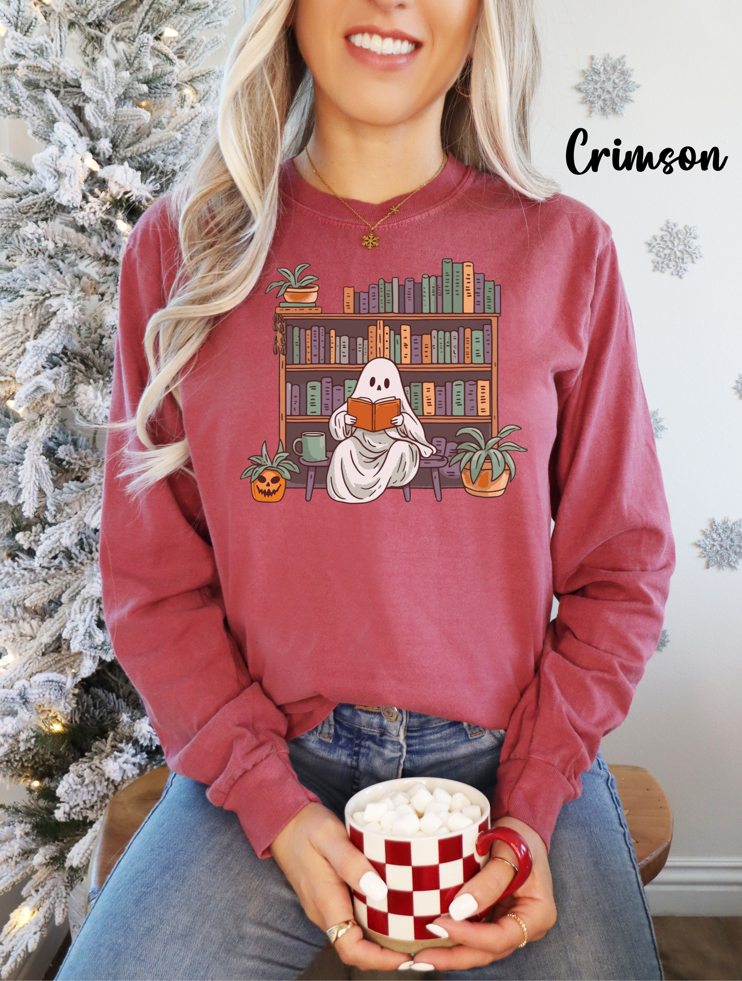 Ghost reading Unisex Long Sleeve T-Shirt for spooky season and book lover. Comfort color tee. Bookworm gift, Halloween gift