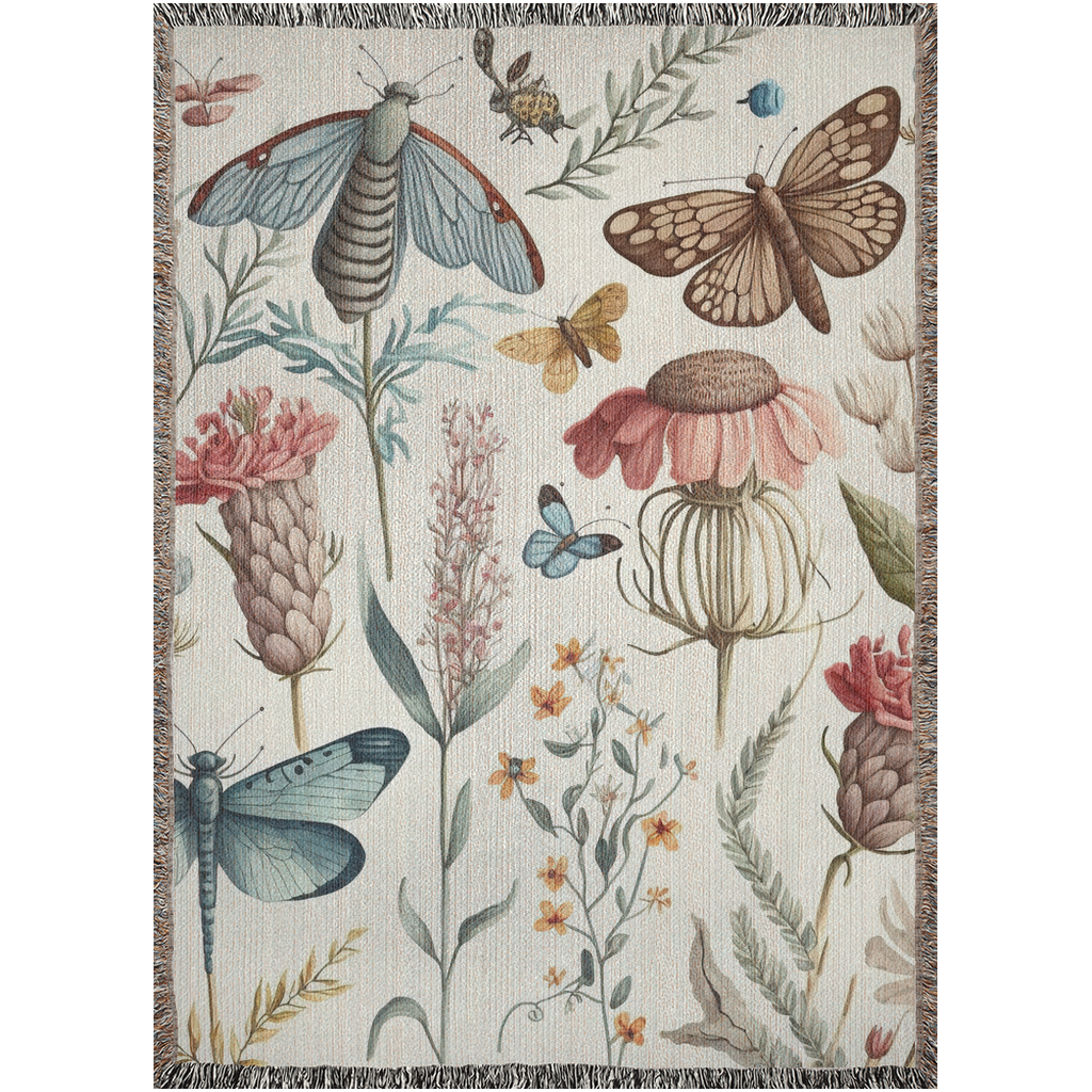 Wildflowers And Moth Dragonfly And Butterflies Woven Blankets. Spring blanket. Woven throw blanket for gardener big lover or plant lover