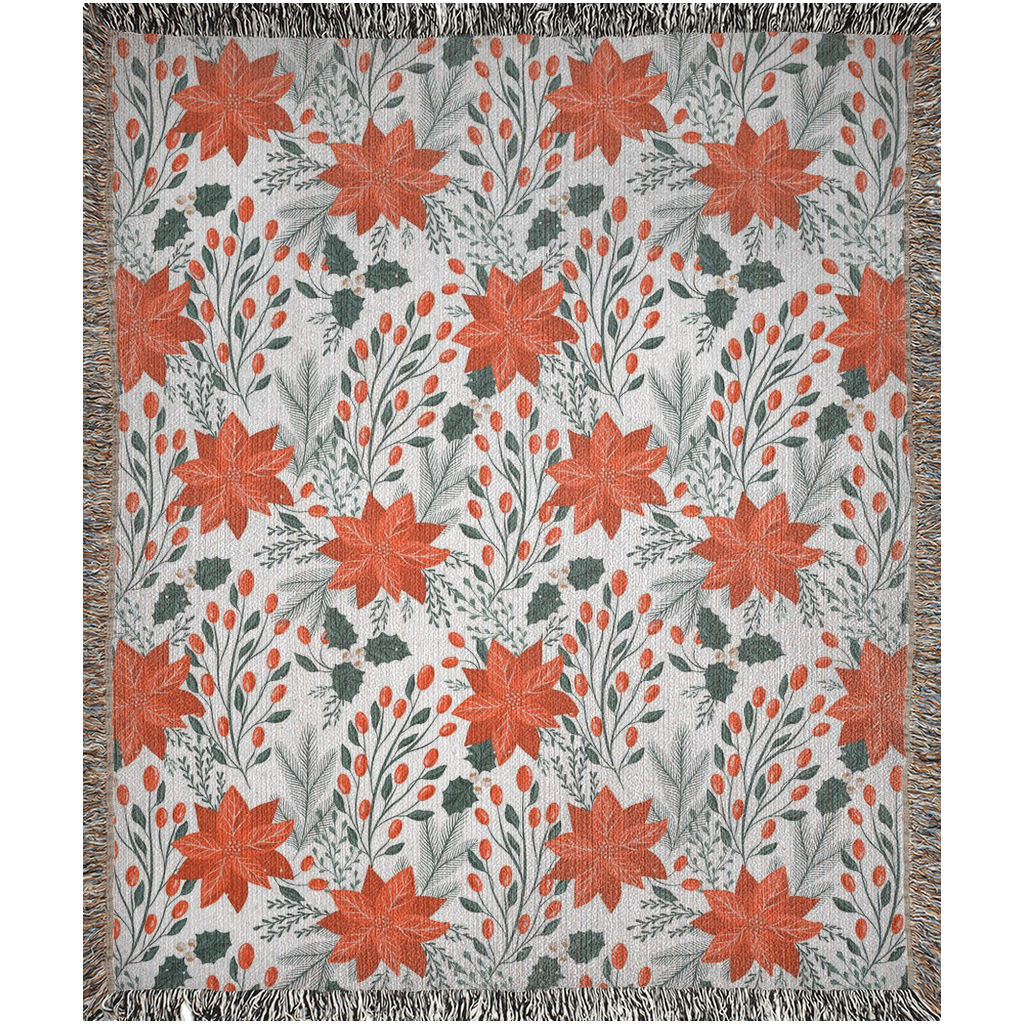 Christmas Woven Blankets For Holiday Season. Poinsettia Flowers Home Decor For Christmas Season Or Winter Decoration. Christmas Floral Gift