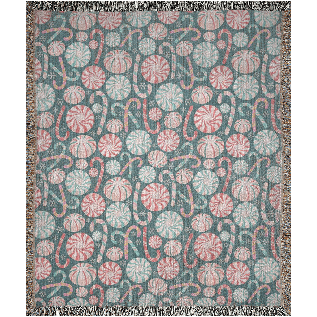 Pastel colors Christmas Woven Blanket with candy canes. Christmas candy home decor for holiday season