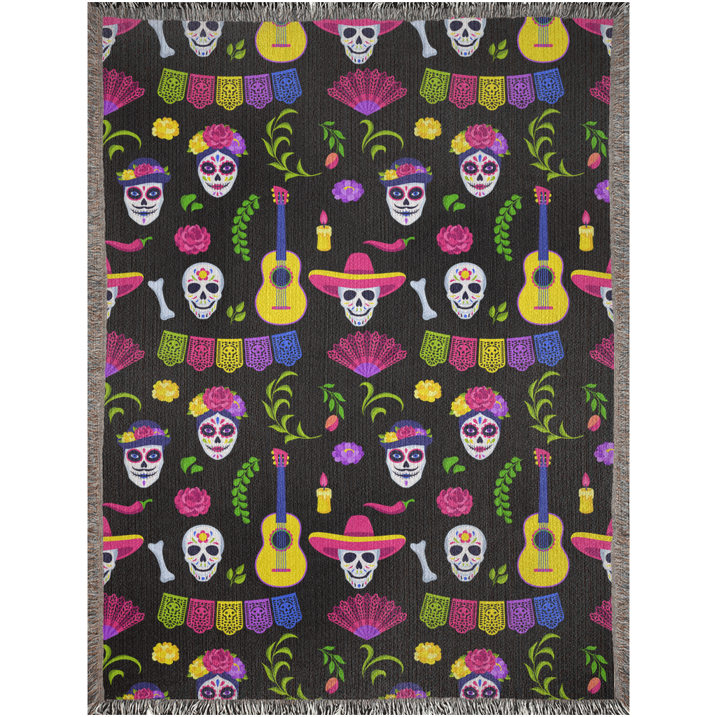 Skull fiesta Woven Blanket. Catrin and catrina head art. Mexican blanket. Mexican folklore art