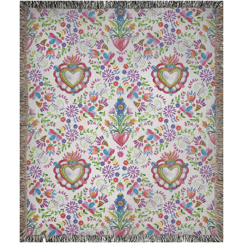 Flowers And Sacred Hearts Woven Blanket For Boho Home Decor Or Mexican Decor. Mexican Folk Art For Her