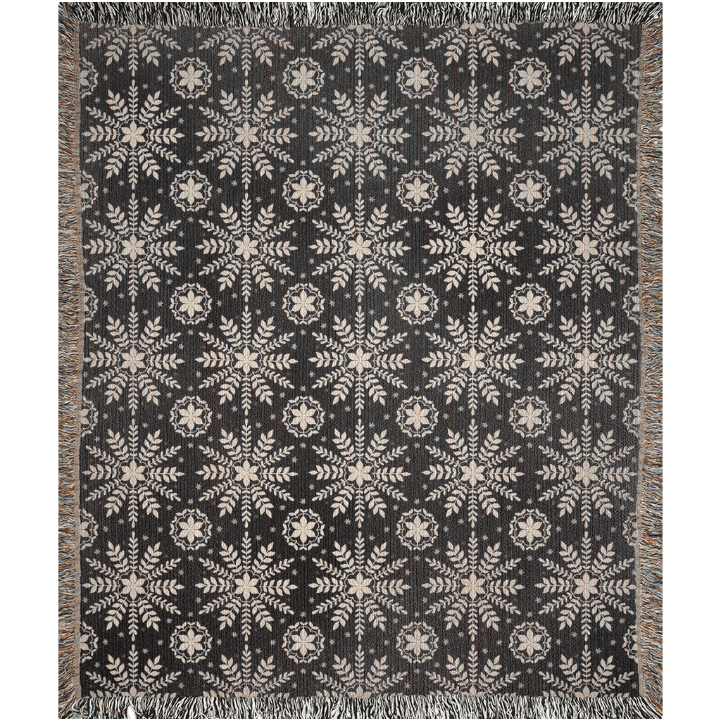 Snowflake Woven Blankets for holiday season. Black throw blanket with snowflakes