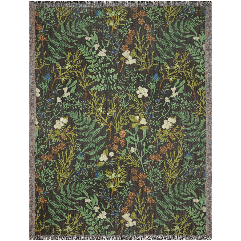 Fern Leaves Woven Blanket. Plant Leaves With green foliage and evergreen plants blanket. Forest deco. Botanical blanket