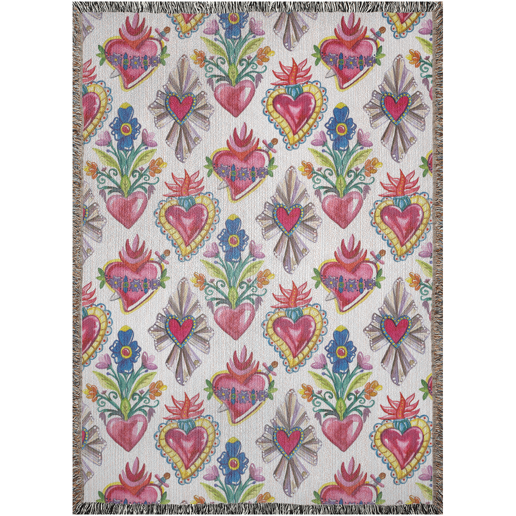 Sacred hearts art woven blanket for her or him. Mexican folk art tapestry. Mexican blanket with sagrado corazon.