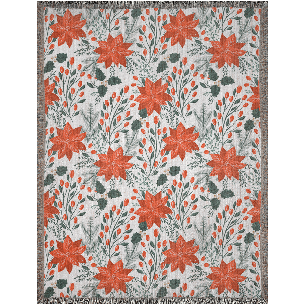 Christmas Woven Blankets For Holiday Season. Poinsettia Flowers Home Decor For Christmas Season Or Winter Decoration. Christmas Floral Gift