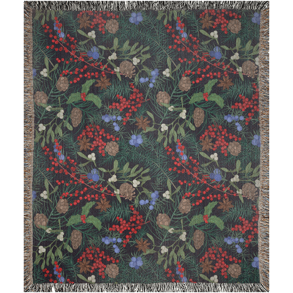 Winter Plant Woven Blanket With Pinecones, Winterberry, Fern Stems. Botanical Home Decor.