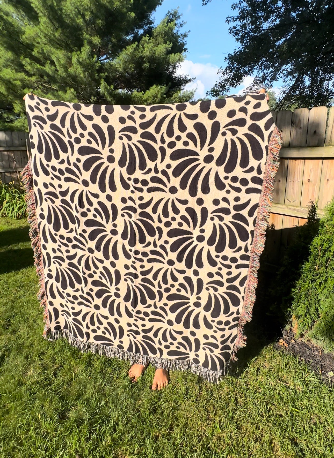 Modern Mexican WOVEN Blanket For Her Or Him. Black And Beige Talavera. Cotton Blanket With Mexican Art. Christmas Gift