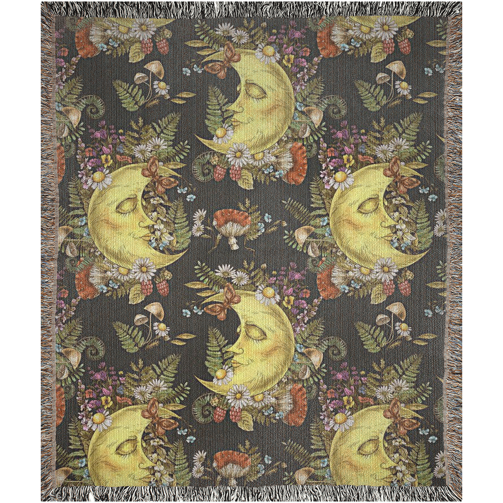Moon, Mushrooms, plantsblanket. Moon, Plants Leaves, Mushrooms And WildFlowers Woven Blankets. Cottagecore theme gift. Mushroom bedding
