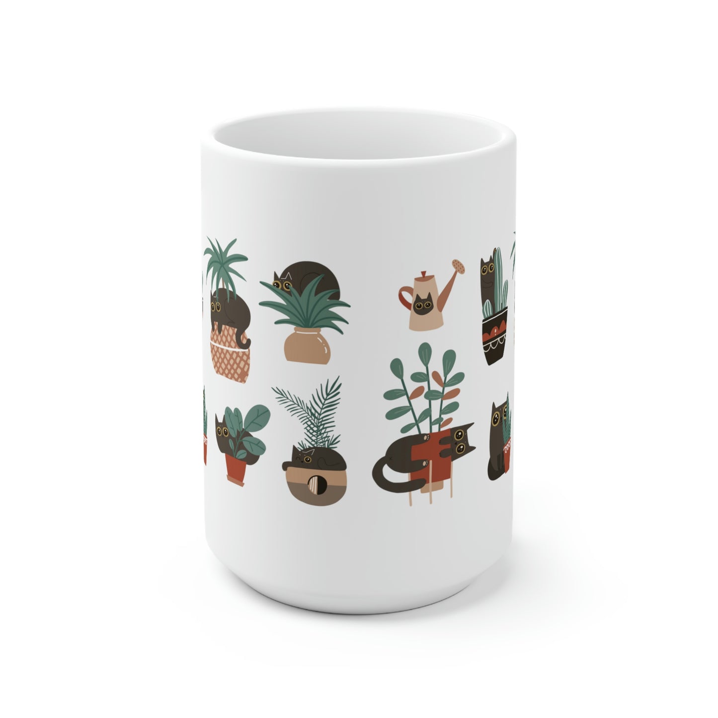 Black cat playing with house plants Ceramic Mug 15oz for catlovers and plant lovers.