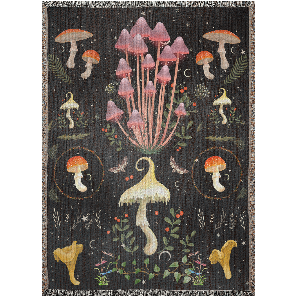 Mushrooms Woven Blanket. Mushroom bedding for him. Fungus And Plants for her. Cute Christmas Gift For Mushroom lover or mycologist. Fungus