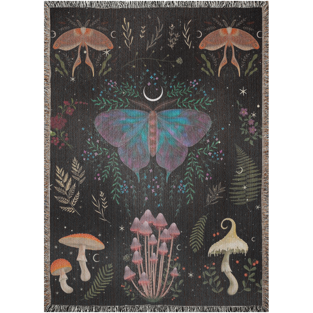 Mushrooms, moths and leaves Woven Blanket. Mystical Botanical Blanket For Plant Witch. Mystical themed blanket. Cute Gift for plant witchy.