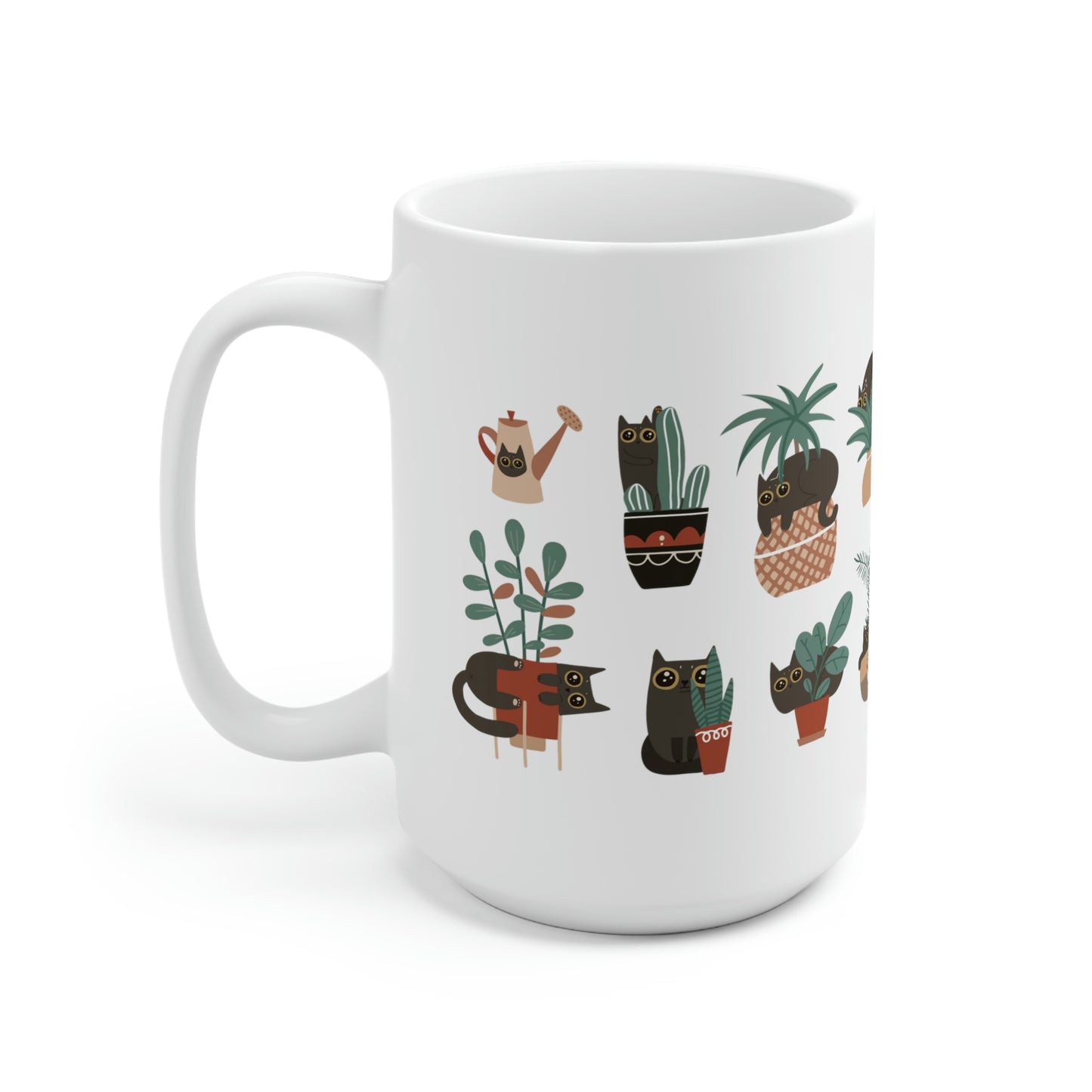 Black cat playing with house plants Ceramic Mug 15oz for catlovers and plant lovers.