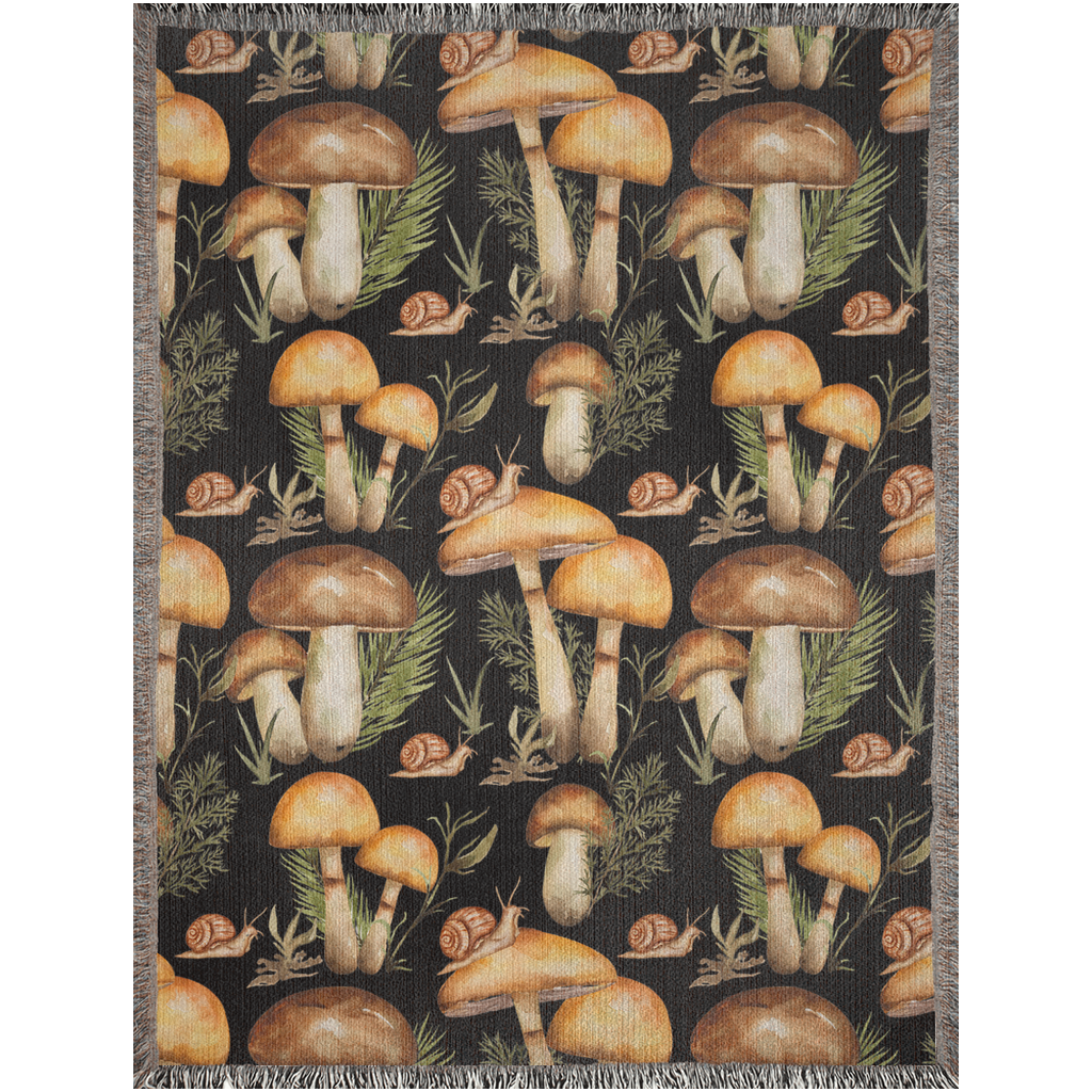 Mushroom Woven Blanket for mycologists. Snails, plants leaves and mushroom throw blanket