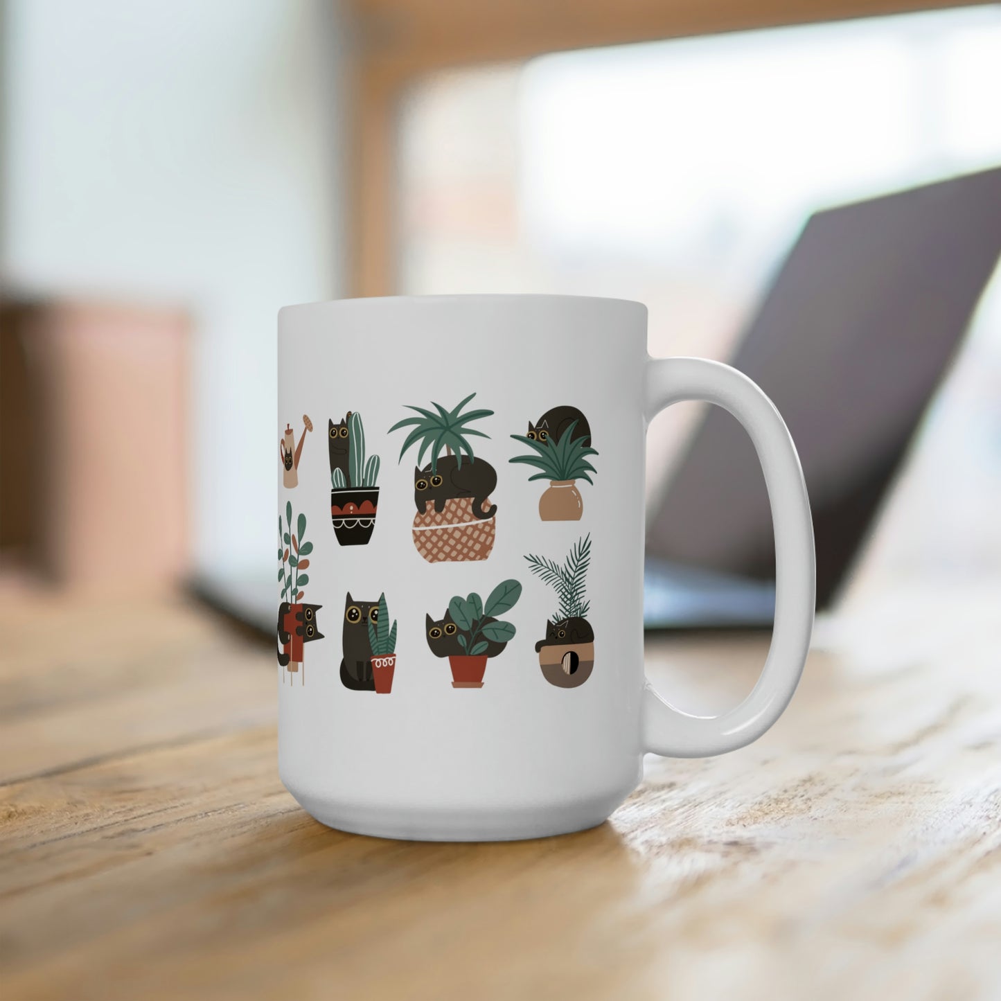 Black cat playing with house plants Ceramic Mug 15oz for catlovers and plant lovers.