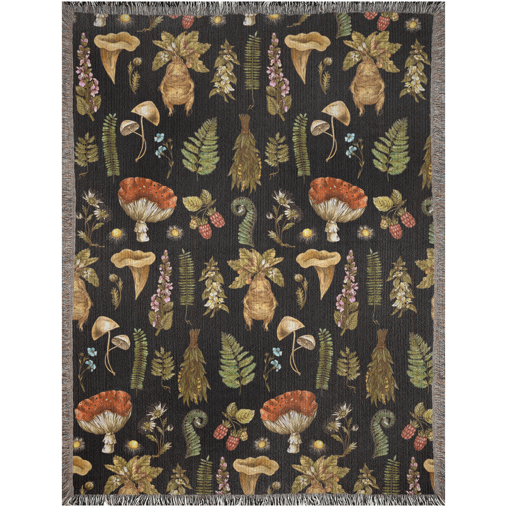 Mushroom, Plants, Herbs And Flowers Blanket. Mandragora blanket Mushrooms Bedding For Horticulturist, Plant Lover. Herbology Woven Blanket.