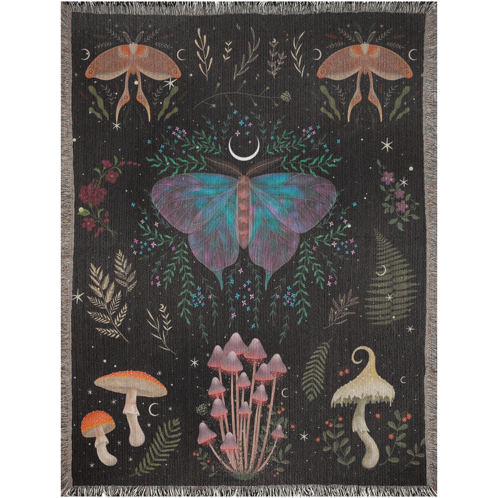 Mushrooms, moths and leaves Woven Blanket. Mystical Botanical Blanket For Plant Witch. Mystical themed blanket. Cute Gift for plant witchy.