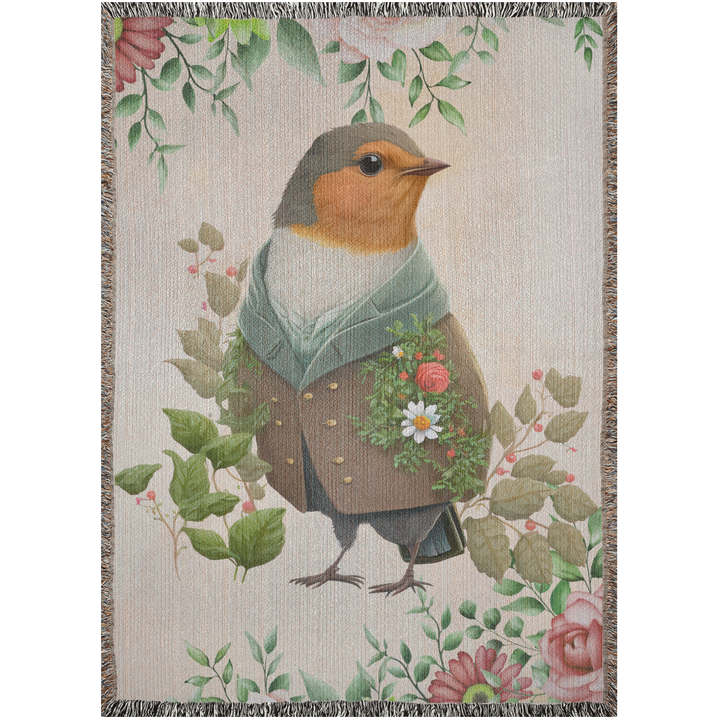 Robin with flower and plant leaves Woven Blankets