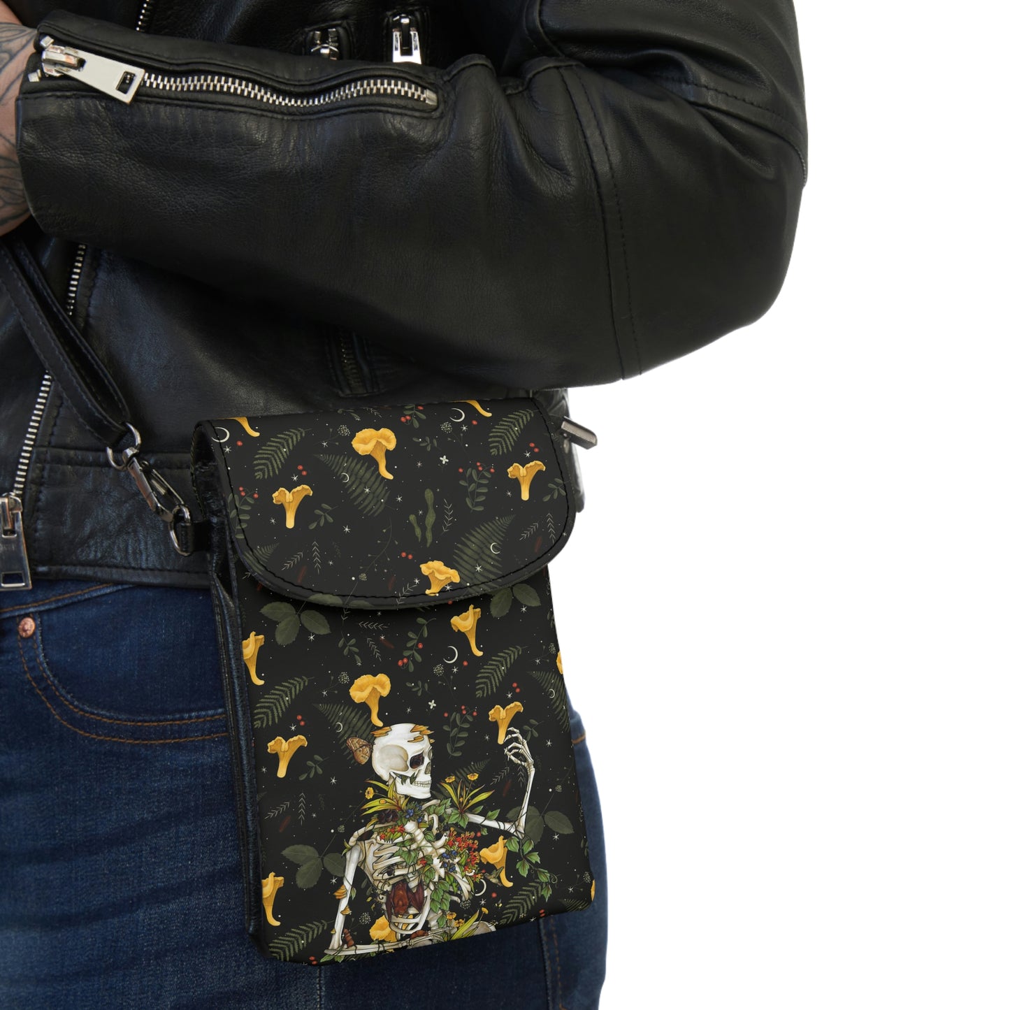 Mushrooms, skeleton and plant leaves Small Cell Phone Wallet