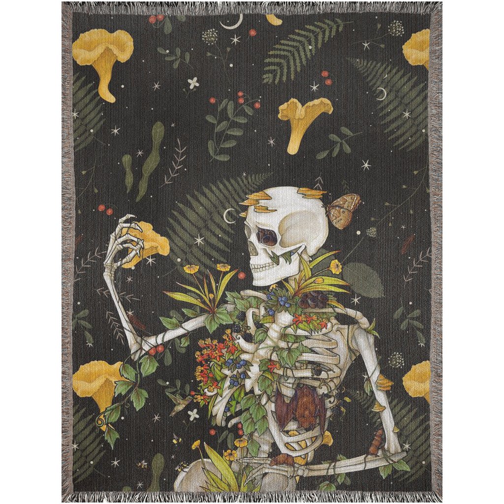 Forest skeleton blanket. Mushrooms, Skeleton And Plants Woven Blanket. Skeleton With Plants And Fungus art. Skeleton and mushrooms theme bedding. Cute Christmas gift