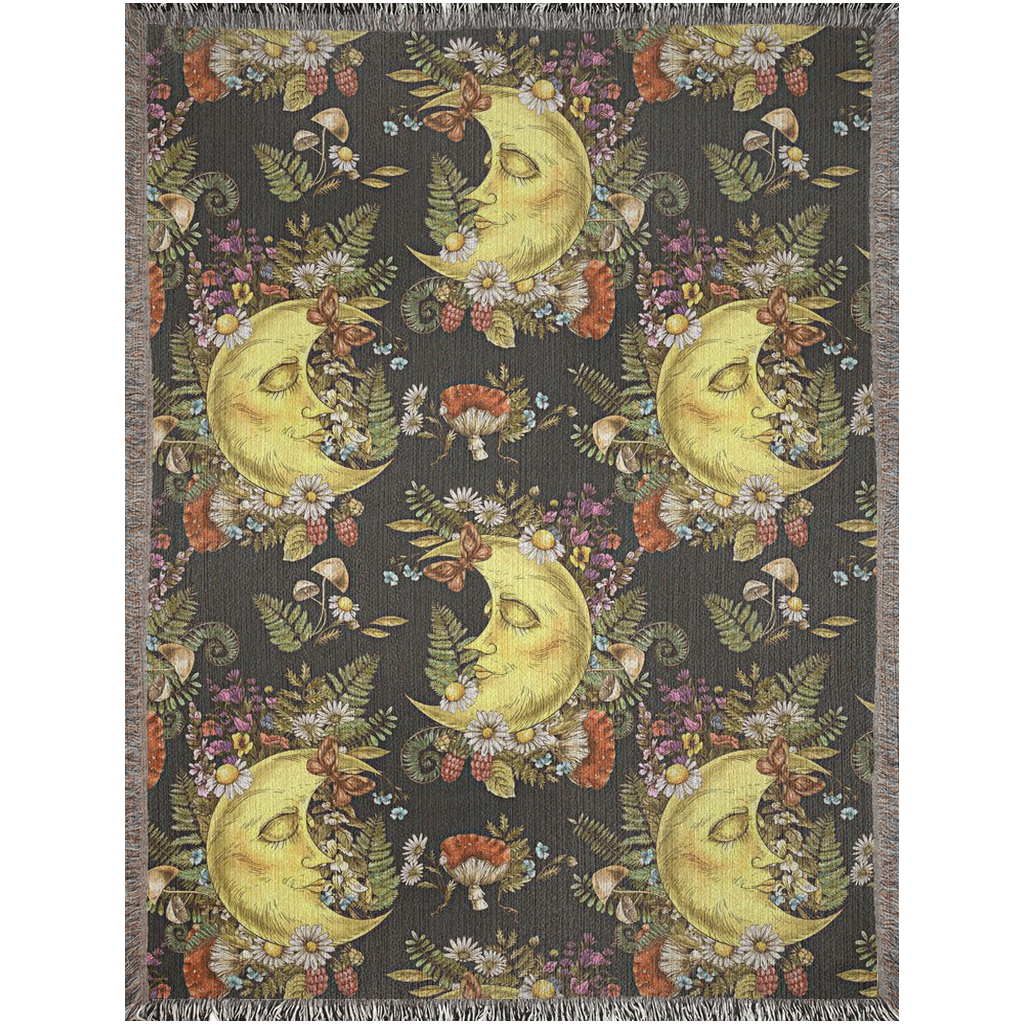 Moon, Mushrooms, plantsblanket. Moon, Plants Leaves, Mushrooms And WildFlowers Woven Blankets. Cottagecore theme gift. Mushroom bedding