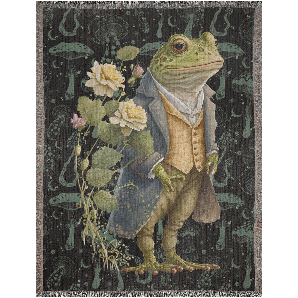 Frog, Mushrooms, Flowers Woven Blanket. Retro frog tapestry. Mr frog with mushrooms. Toad tapestry. Frog bedding for him. Cottagecore gift.