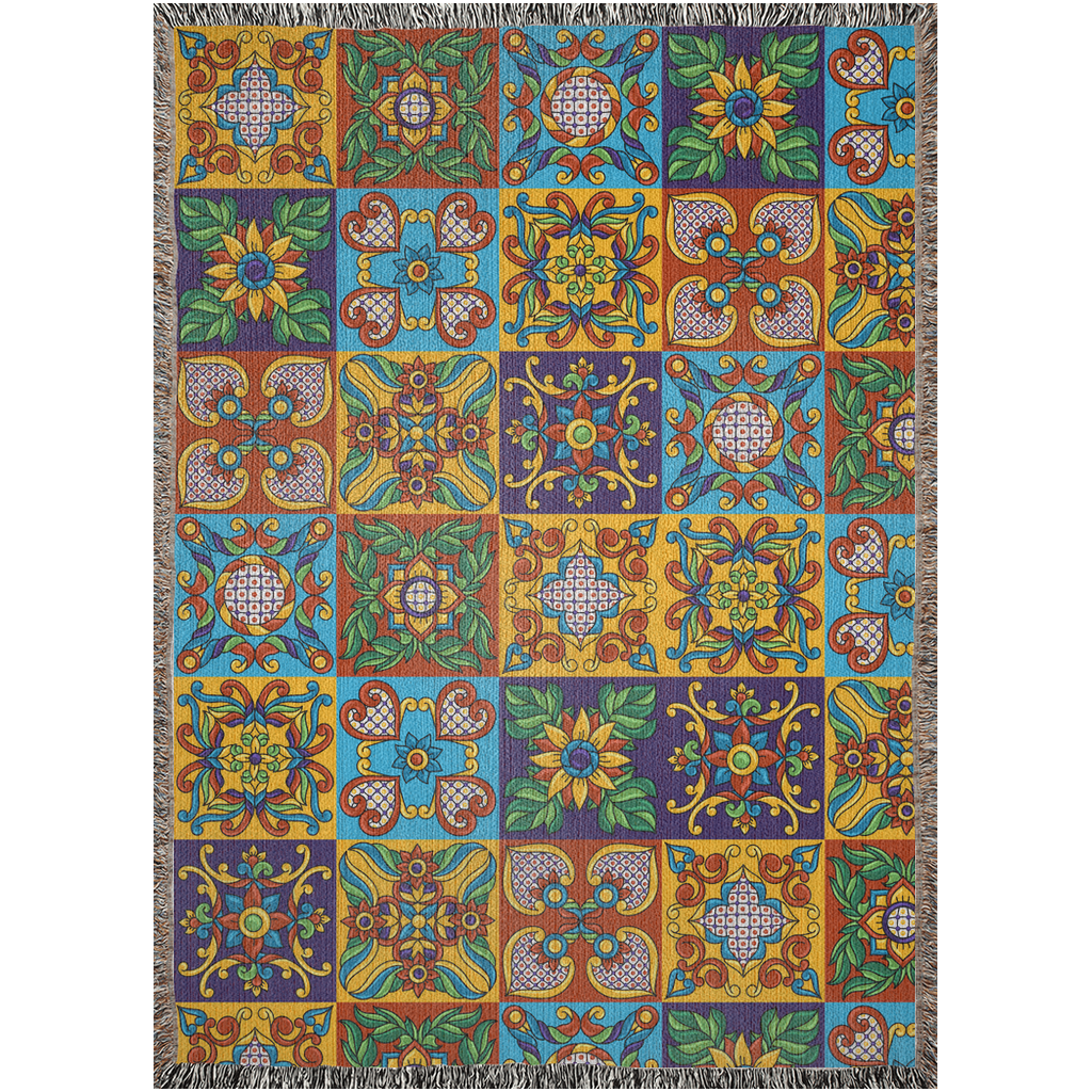 Talavera Tile Woven Blanket. Colorful Talavera Blanket. Flowers Bedding. Plant Blanket. Blanket Tapestry. Talavera home deco. Floral