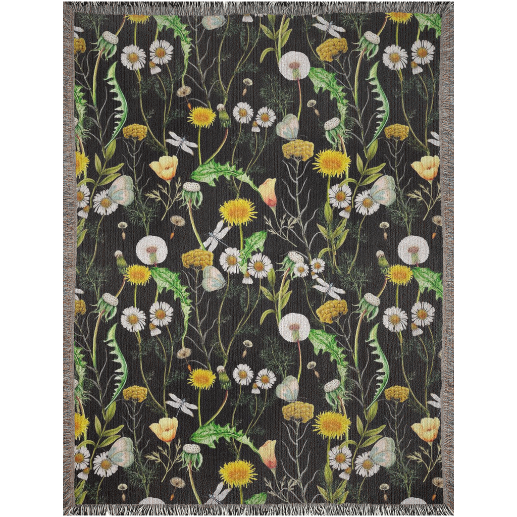 Wild Flowers with Dandelion plants Woven Blanket. Taraxacum herbs art. Yellow and white Wildflower with dragonfly and butterfly art blanket.