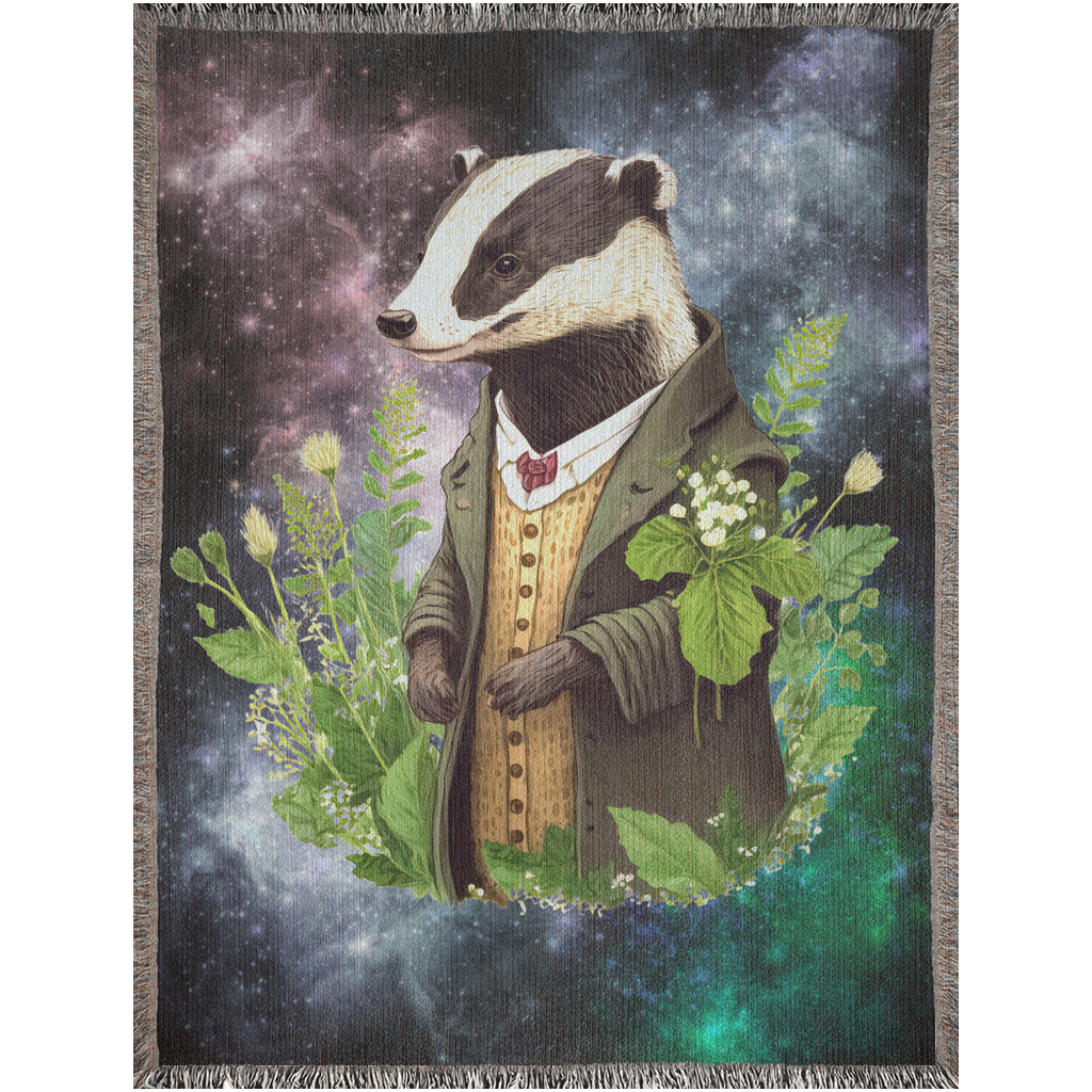 Badger Woven Blanket. Badger with plant leaves in the universe.