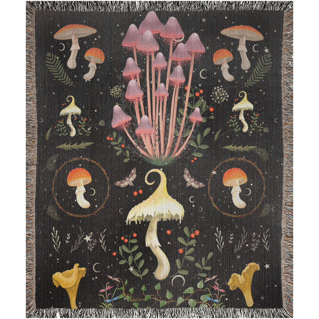 Mushrooms Woven Blanket. Mushroom bedding for him. Fungus And Plants for her. Cute Christmas Gift For Mushroom lover or mycologist. Fungus
