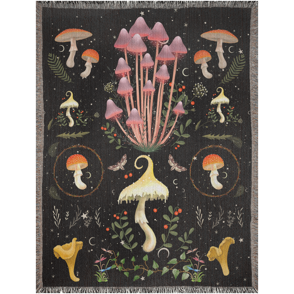 Mushrooms Woven Blanket. Mushroom bedding for him. Fungus And Plants for her. Cute Christmas Gift For Mushroom lover or mycologist. Fungus