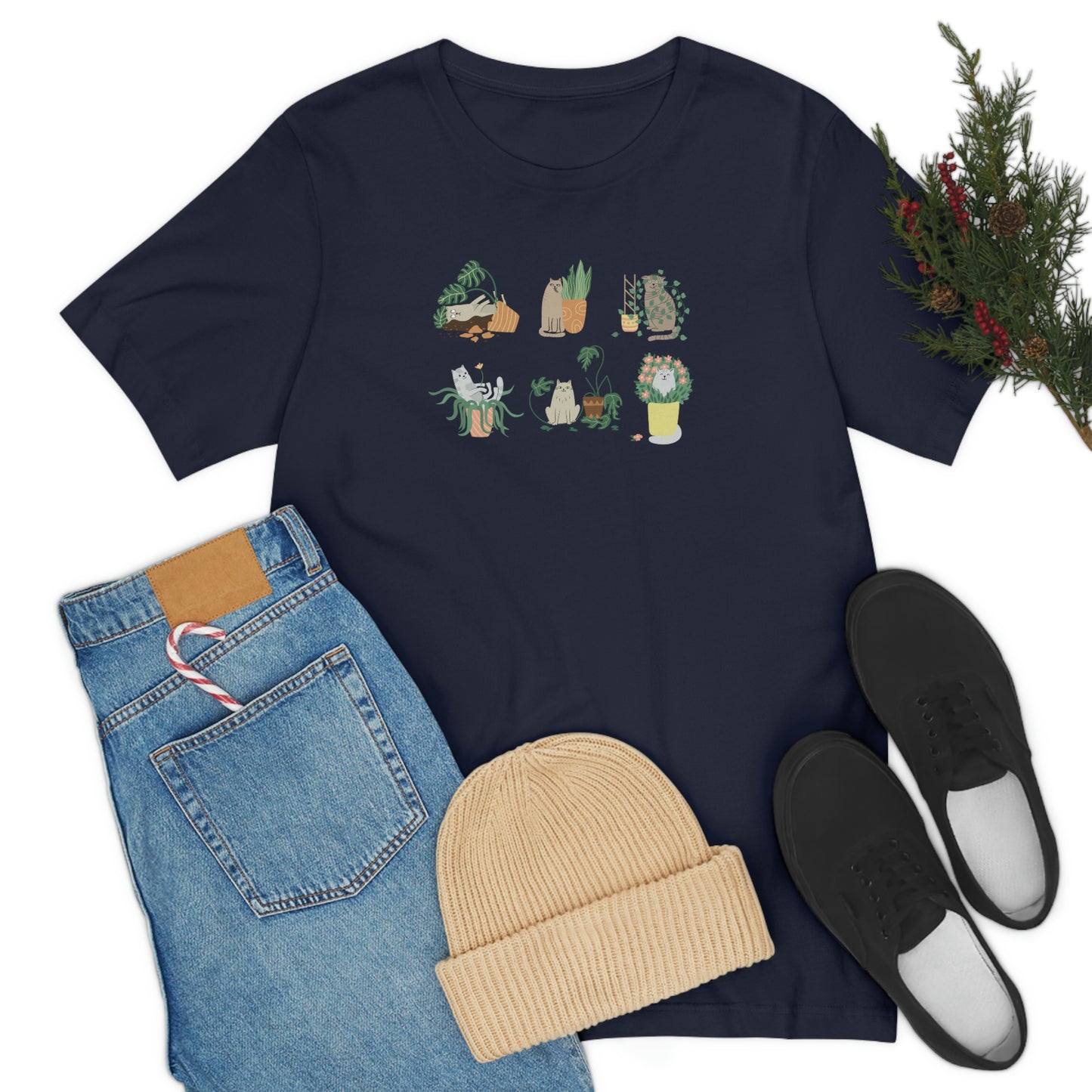 Cat and plants Unisex Jersey Short Sleeve Tee for cat lady and plant lover