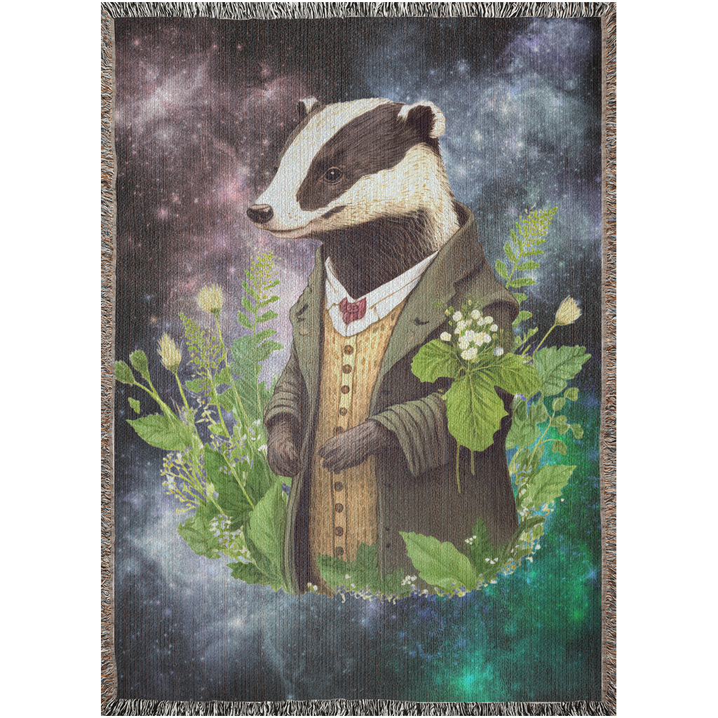 Badger Woven Blanket. Badger with plant leaves in the universe.