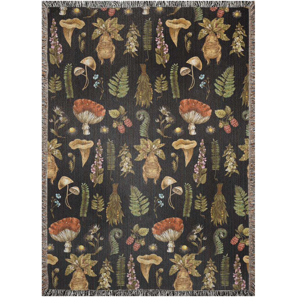 Mushroom, Plants, Herbs And Flowers Blanket. Mandragora blanket Mushrooms Bedding For Horticulturist, Plant Lover. Herbology Woven Blanket.