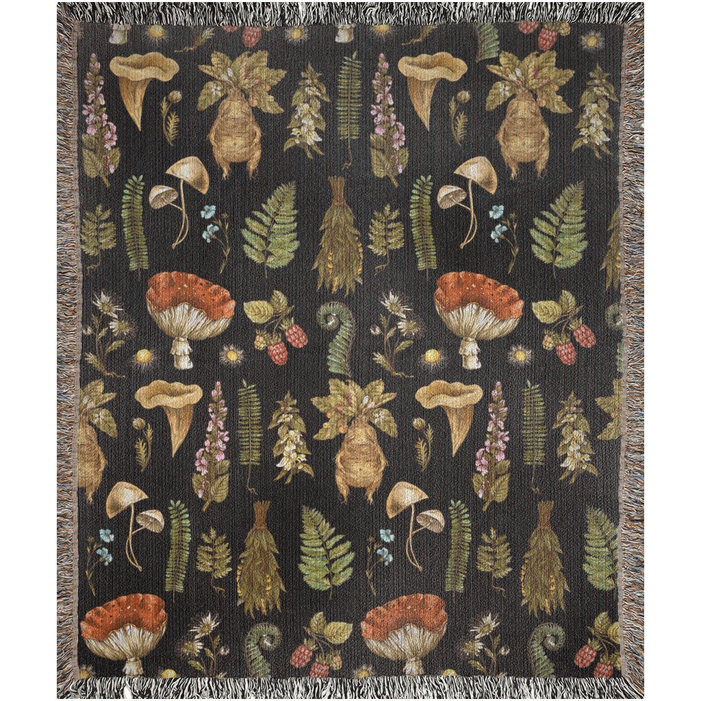 Mushroom, Plants, Herbs And Flowers Blanket. Mandragora blanket Mushrooms Bedding For Horticulturist, Plant Lover. Herbology Woven Blanket.
