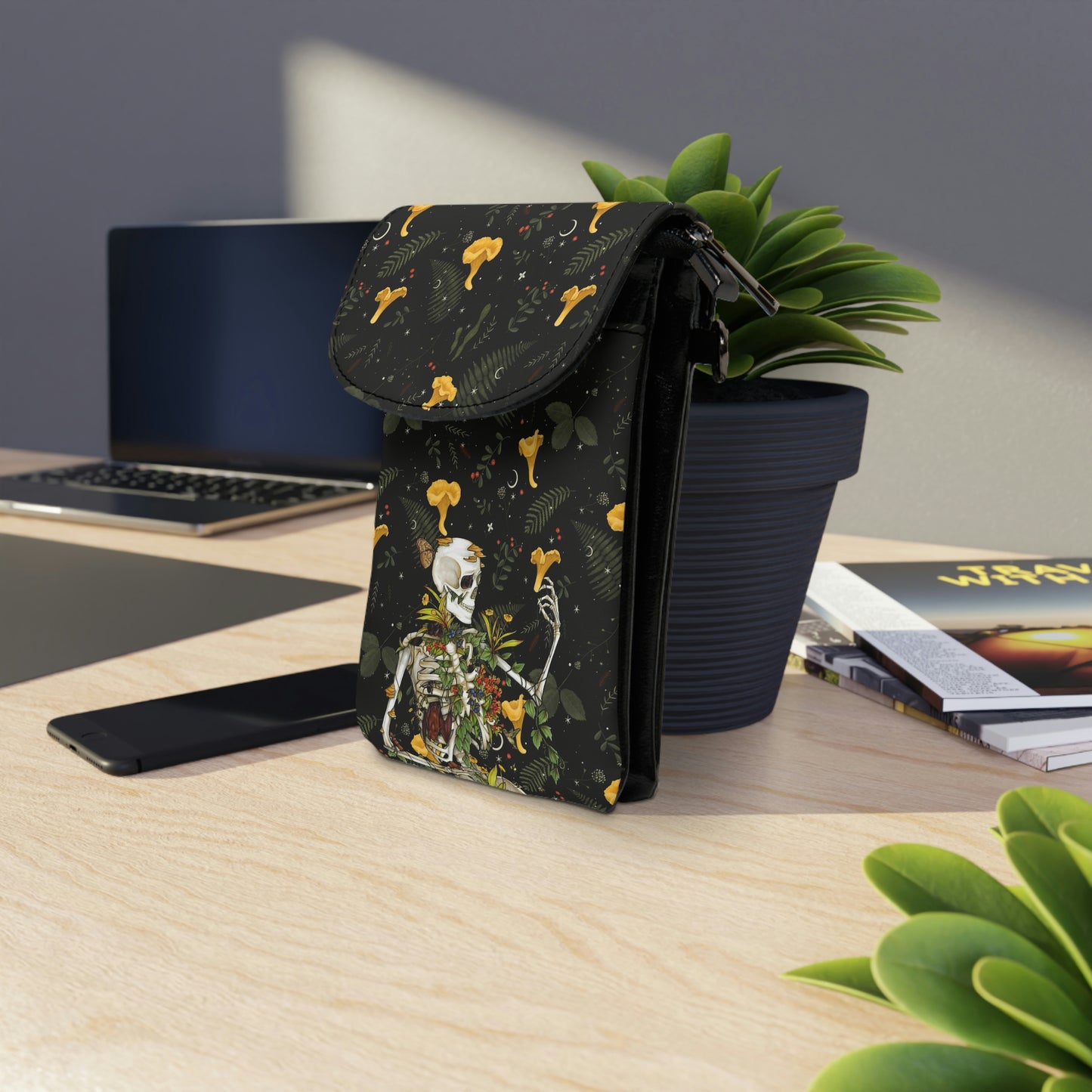 Mushrooms, skeleton and plant leaves Small Cell Phone Wallet
