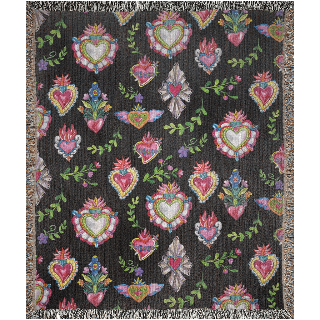 Sacred hearst with leaves and black background woven Blanket. Mexican blanket with mecican folk art.s