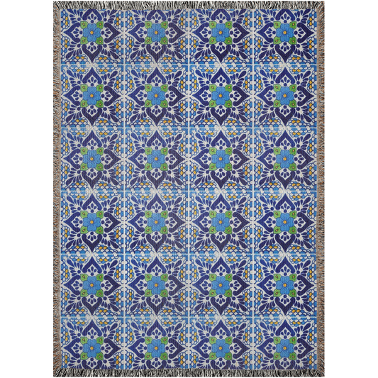 Blue And White Floral Tiles Woven Blanket For Hispanic Home Decor. Christmas Gift For Hispanic Family Or Hispanic Friends.