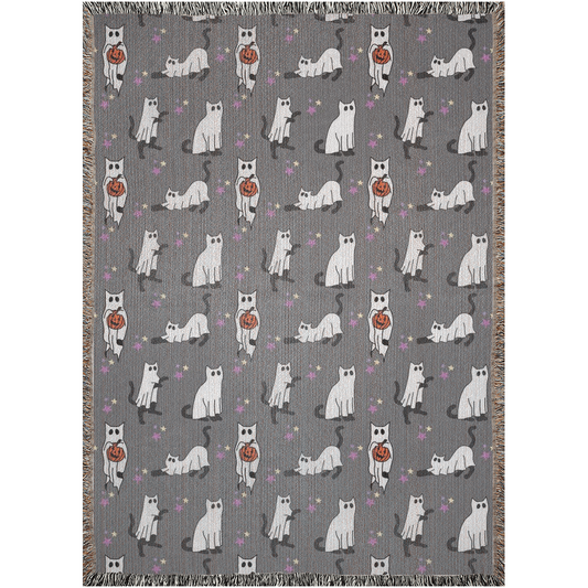 Ghost cats Woven Blankets for cat lovers and Halloween lovers. Cute spooky home decor.