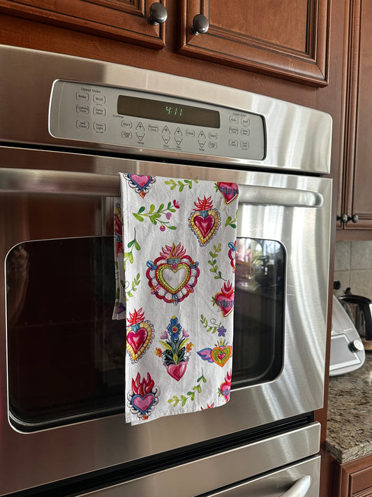 Milagritos tea towels. Set of 2 Sacred heart cotton kitchen towels for Mexican home decor or Mexican kitchen decor