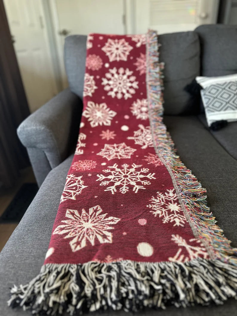 Red and white snowflakes Woven Blankets for holiday season. Christmas gift for family and friends.