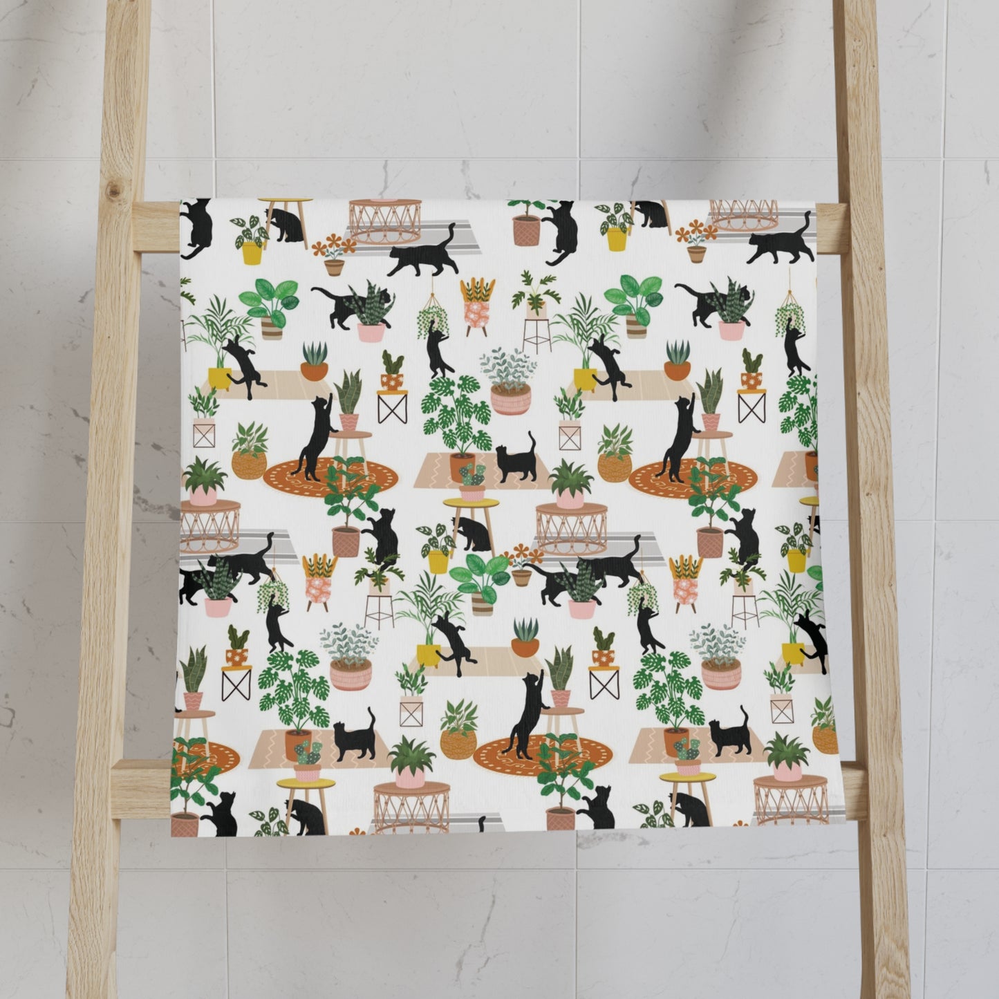 Cotton Tea Towel with Black Cats and Potted Plants for Kitchen - Cat Lady or Plant Lady