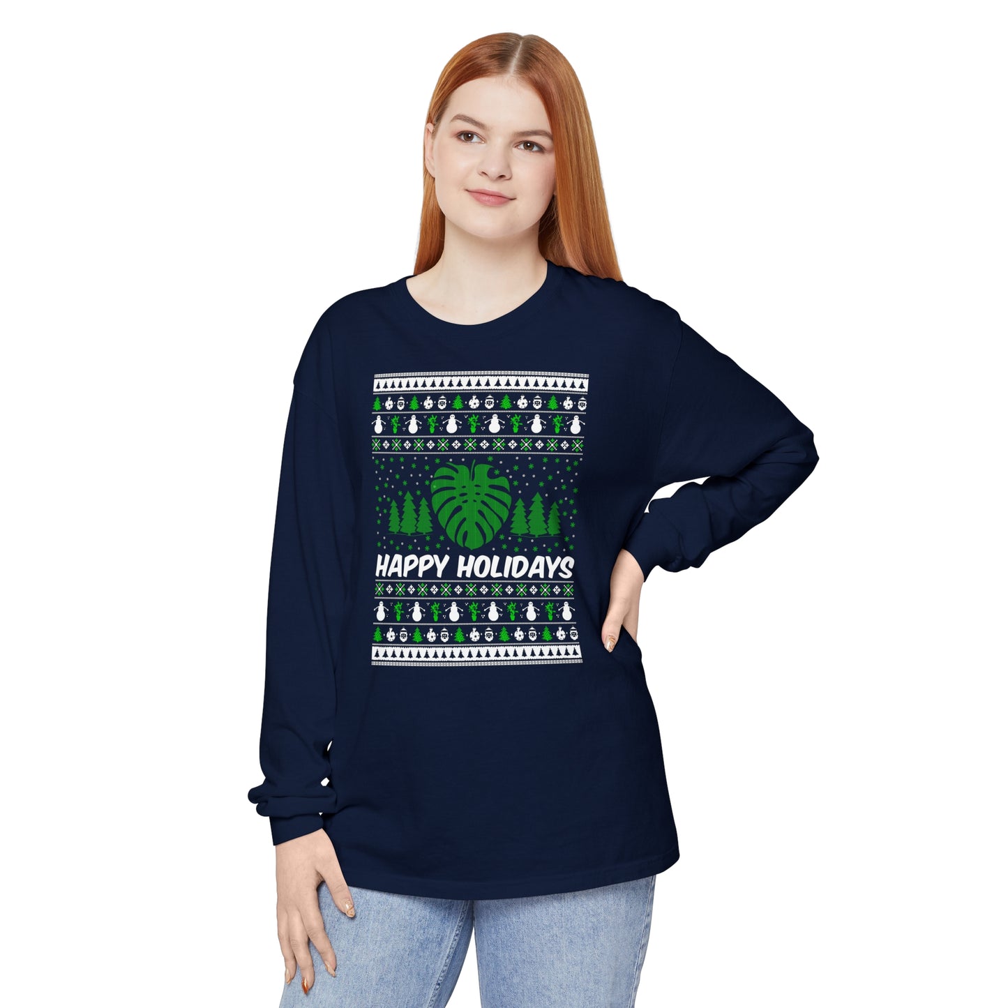 Happy holidays ugly sweater Unisex Jersey Long Sleeve Tee. Christmas ugly sweater with monstera leaf and snow flakes.