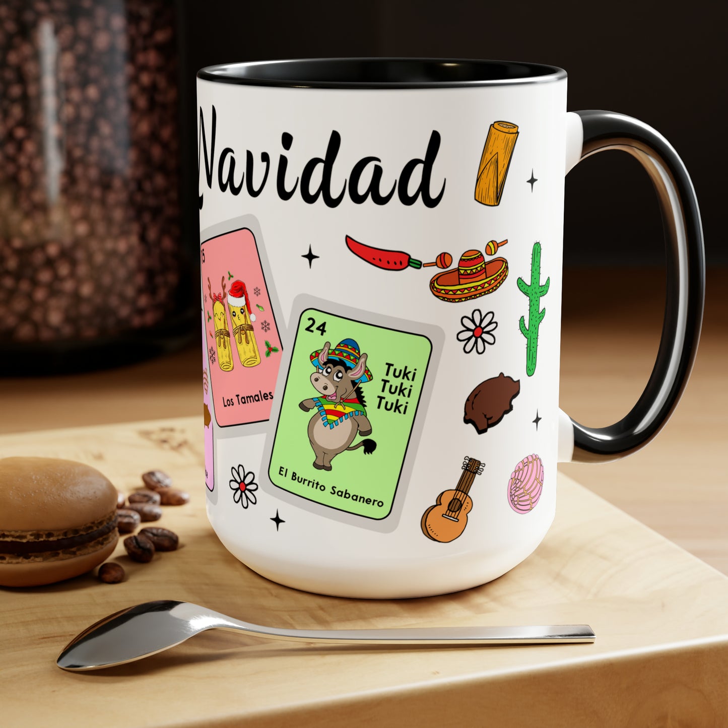 Feliz navidad Coffee Mugs, 15oz for Mexican family or Latin friend. Mexica cup for him or her. El burrito sabanero, los tamales, el Santa.