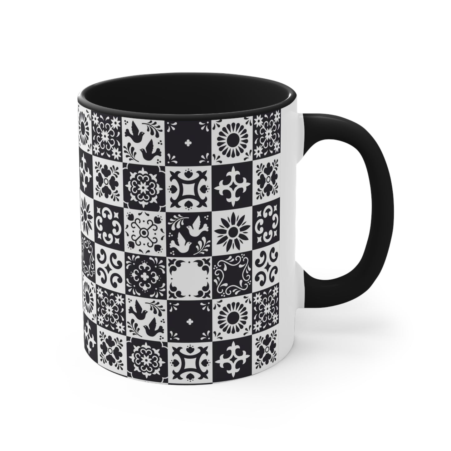 Back and white Talavera Coffee Mug, 11oz for mom or dad. Modern Mexican home decor or kitchen decor. Mexican art mug for Mexican friend or family.