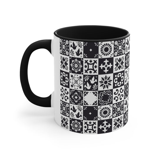 Back and white Talavera Coffee Mug, 11oz for mom or dad. Modern Mexican home decor or kitchen decor. Mexican art mug for Mexican friend or family.