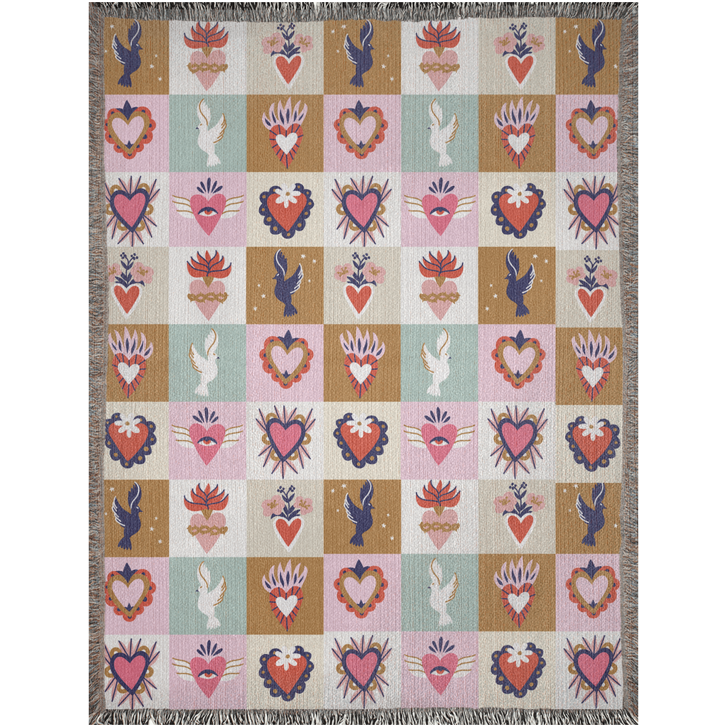 Sacred hearts and tdoves Woven Blanket. Mexican folk art. Mexican home decor. Cute picnic blanket